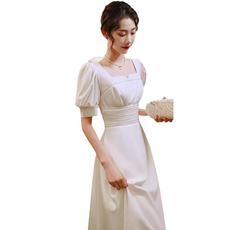 French White Certificate Registration Dress Can Be Worn At Ordinary Times In Summer Slimming Look Puff Sleeves Square Collar Mid-Length Dress - Image 5